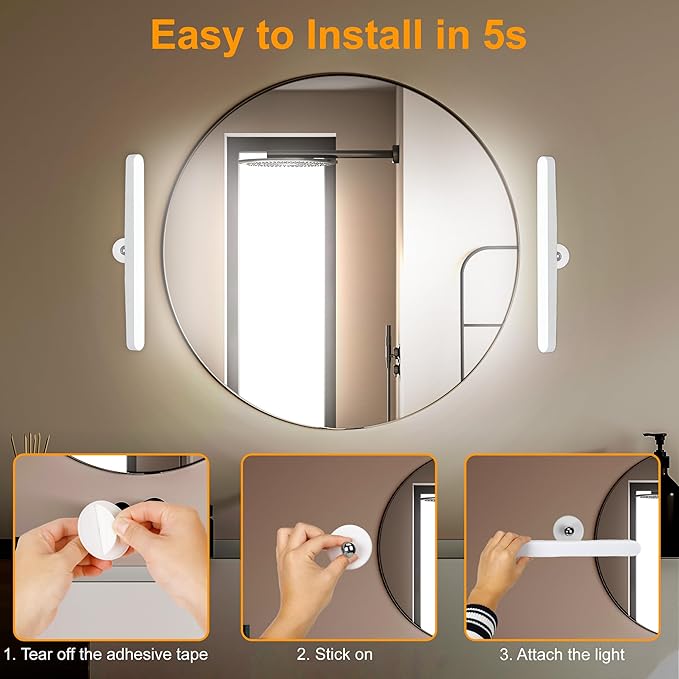 Benreom 2 Pack Rechargeable Vanity Lights for Mirror, LED Stick On Light