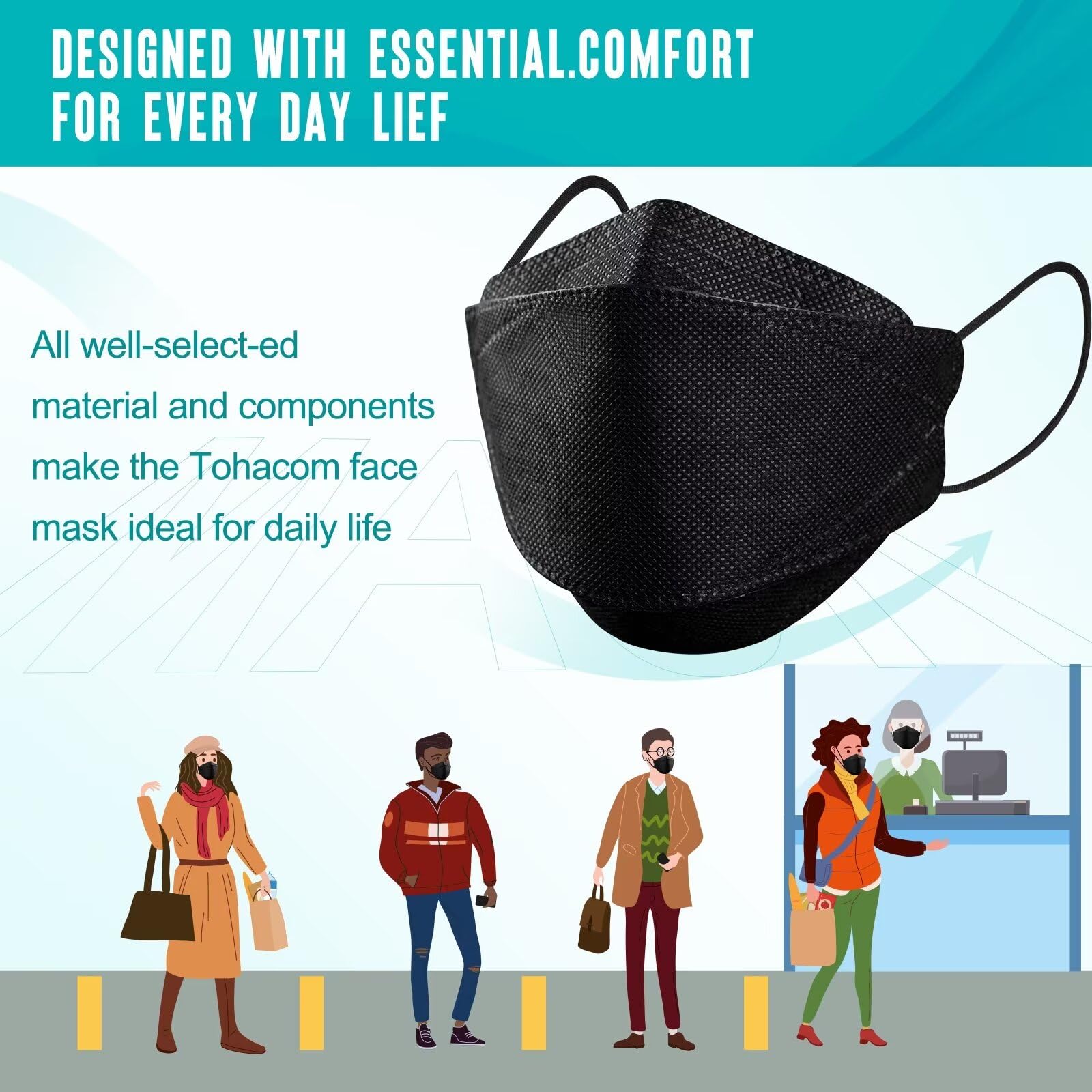 Tohacom 50/100 Pack KF94 Face_Covers, Color Màsk，Black Màsk，4-Layer Màsk outdoor Daily Use