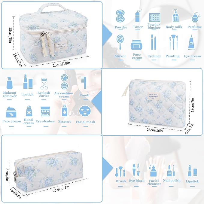 Gosect Makeup Bag Set, Quilted Makeup Bag, Large Floral Cosmetic Bag for Women, Cute Cotton Makeup Bags, Flower Travel Toiletry Organizer Bag (Blue Rose)