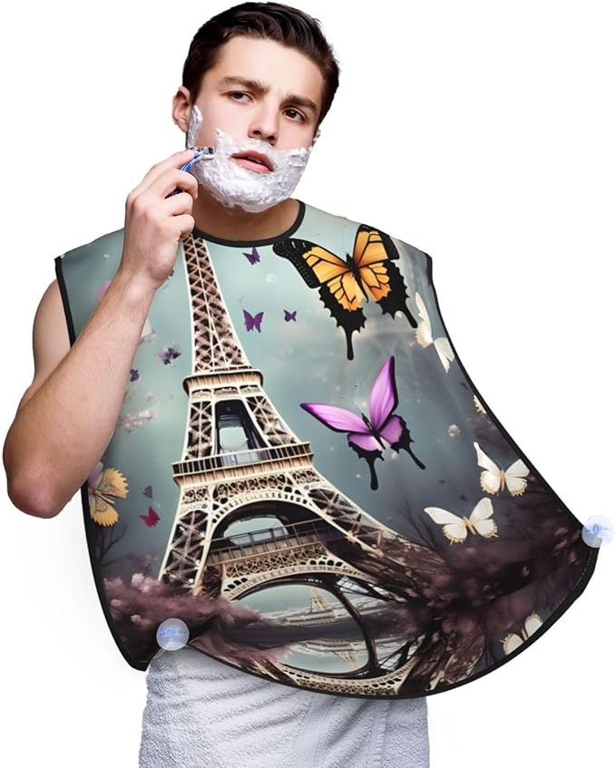 Romantic Paris Butterfly Eiffel Print Beard Bib Apron For Men, Beard Hair Catcher For Men Shaving Trimming,Beard Cape Cloth