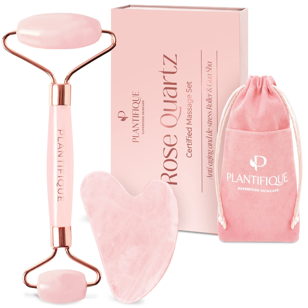 PLANTIFIQUE Jade Gua Sha Facial Tool & Face Roller Set - Giftable Box
