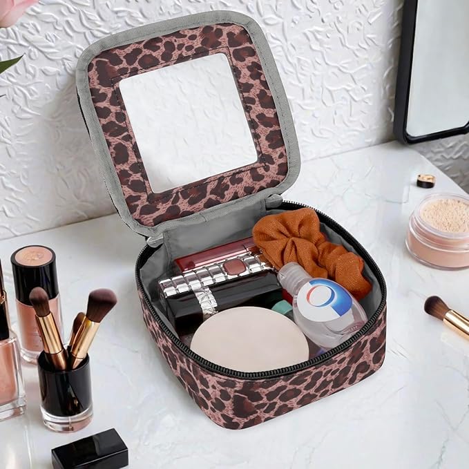 DOB SECHS Mini Leopard Makeup Bag for Purse 5.1'' x 5.1'' Small Makeup Bag for Car Cute Clear Cosmetic Bags with Zipper, Tiny Toiletry Bag Lipstick Organizer Pouch Case Travel Essentials Storage Pouch