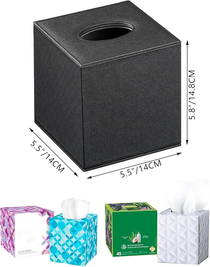 Leather Tissue Box Cover Square,Decorative Cube Tissue Box Holder with Magnetic Bottom,Facial Paper Organizer Table Napkin Case Dispenser for Bathroom NightStand Coffee Car Home Office,Black