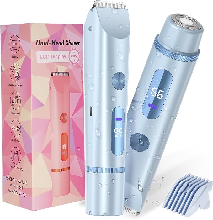 Bikini Trimmer for Women 2in1 High Power Epilators Hair Removal Waterproof Electric Razors Women's Electric Razor Pubic Hair Trimmer Shaver for Women for Ladies Pubic, Face, Underarms, Legs (Blue)