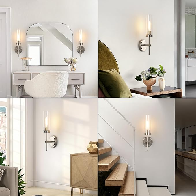 WILON Bathroom Wall Sconces Set of 2, Brushed Nickel Vanity Lights for Bathroom, Indoor Wall Light Fixtures with Clear Glass Shades, Wall Lamp for Mirror Bedroom Living Room Bedside Hallway