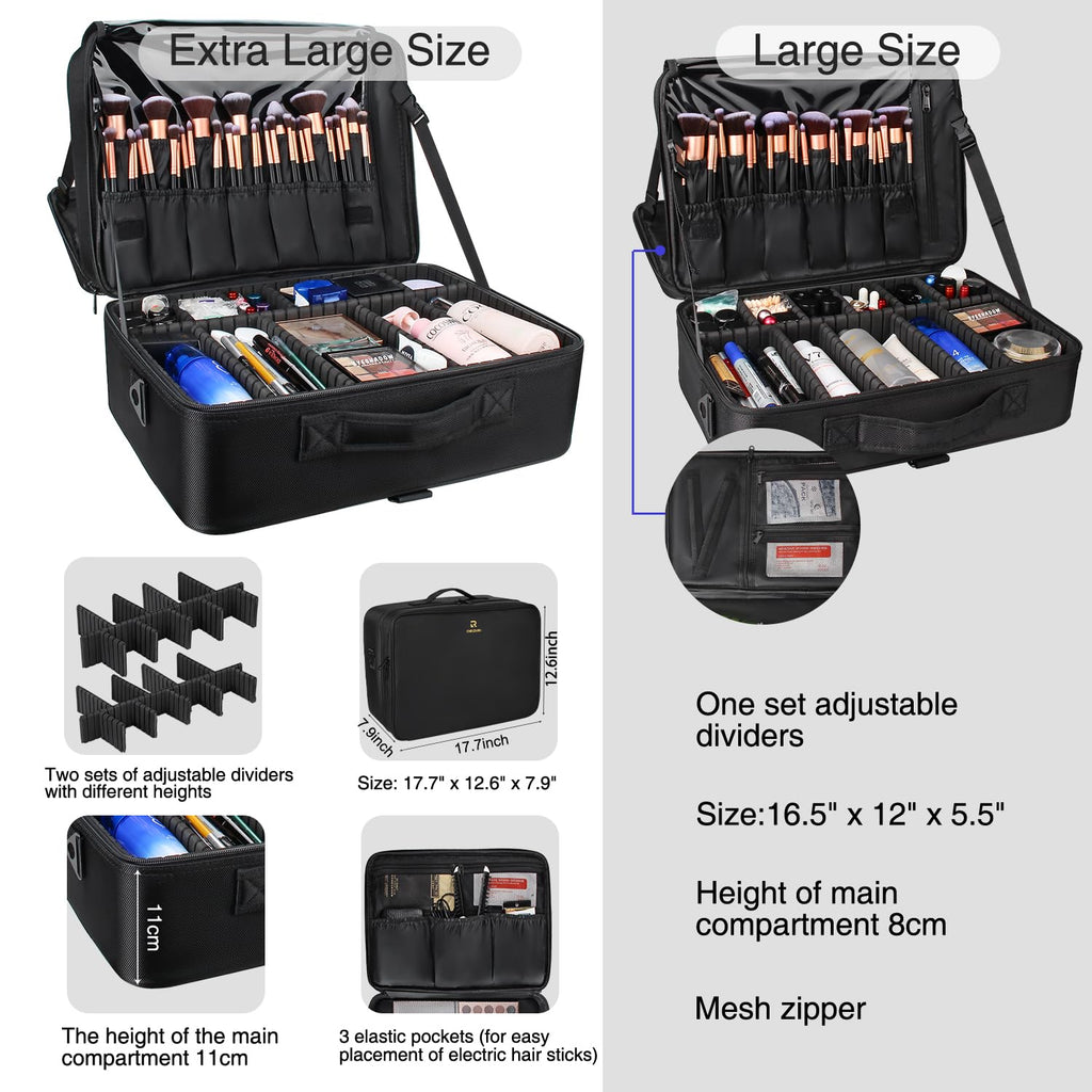 MONSTINA Extra Large Makeup Case 17 Inch Travel Makeup Train Case Professional Makeup Artist Case Nail Polish Organizer Storage Box with Two Adjustable Shoulder Strap