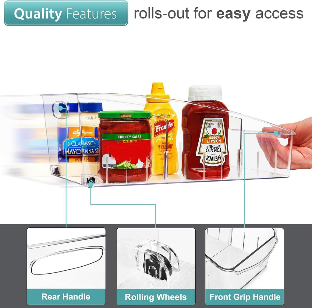 Sorbus Fridge Organizer on Wheels - Rolling Fridge Organizers and Storage Clear Design with Dividers & Handles for Kitchen Organization and Storage - Refrigerator Organizer Bins & Pantry Storage Bins