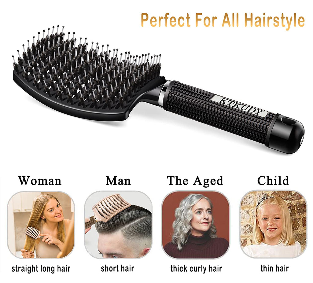 Detangling Brush Boar Bristles Set KTKUDY Hair Brush Curved and Vented Detangler Brush for Women Men Kids Wet and Dry Hair (Red&Black)