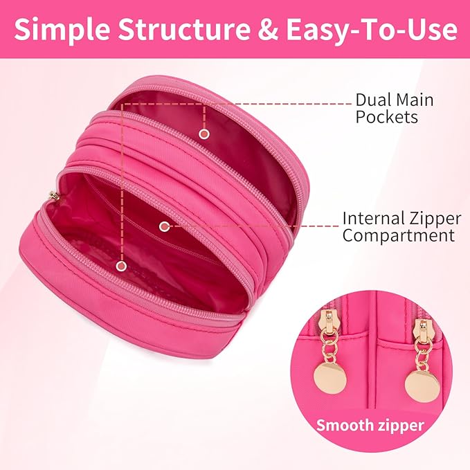 XIAOLER Small Makeup Pouch, Double Zipper Cosmetic Bag, Travel Makeup Bag, Cute Makeup Bag for Purse, Mini Toiletry Bag (Bubblegum)