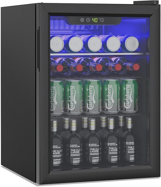 Stopsad 95 Can Freestanding Beverage Refrigerator, 2.6 Cu. Ft Drink Fridge with Clear View Door, Adjustable Shelves & Temperature Control, Quiet Compressor Small Refrigerator for Soda, Beer or Wine