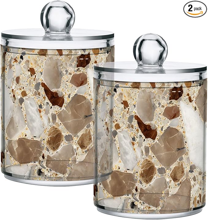 xmycdz 2 Pack Brown Marble Print Apothecary Jars with Lid, 10 Oz Marble Print Clear Plastic Apothecary Jar Set Qtip Holder Storage Containers for Cotton Ball Swabs Bathroom Vanity