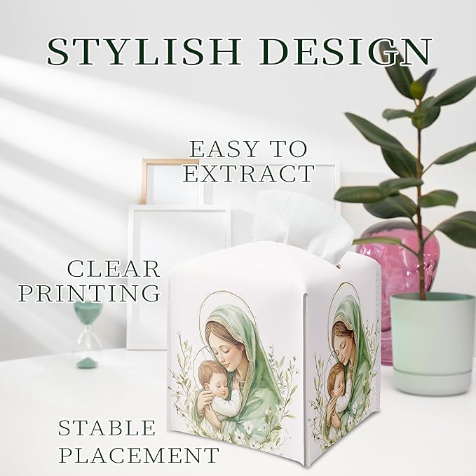 Holy Infant & Virgin Mary Square Tissue Box Cover, PU Leather Drawstring Bottom, for Office, Bathroom, Home Prayer Room, Christian & Catholic Friends, Colleagues, Employees | Decorative Organizer