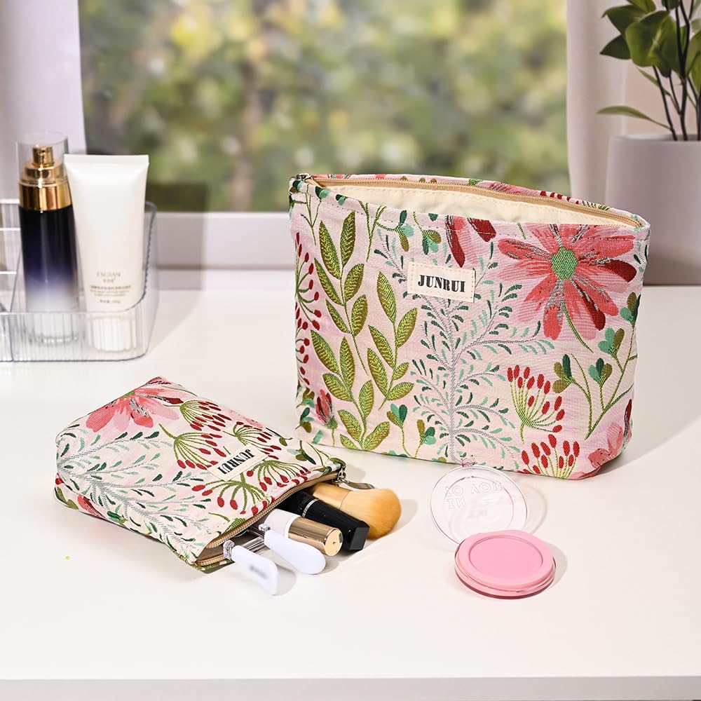 BOCGRPU Makeup Bag Small Cute Cosmetic Bags for Women，Floral Travel Toiletry Bag for Purse, Large Canvas Cosmetic Pouch Makeup Organizer Tool Pouch with Zipper（2Pcs Colorful Plant）