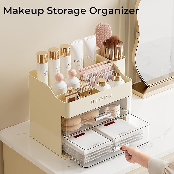 UFORU Makeup Organizer for Vanity with Brush Holder, Countertop Skincare Organizer with 2 Drawers, Spacious Cosmetic Display Case for Perfumes, Eyeshadow Palettes, Nail Polishes