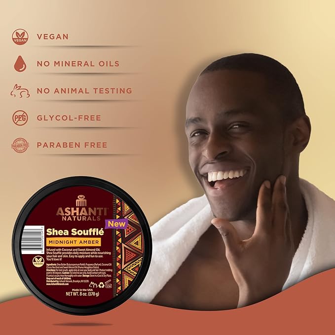Ashanti Naturals Scented Whipped Shea Butter for Skin | African Body Butter for Women w/Coconut, Almond Oil (Midnight Amber Souffle, 8 oz)