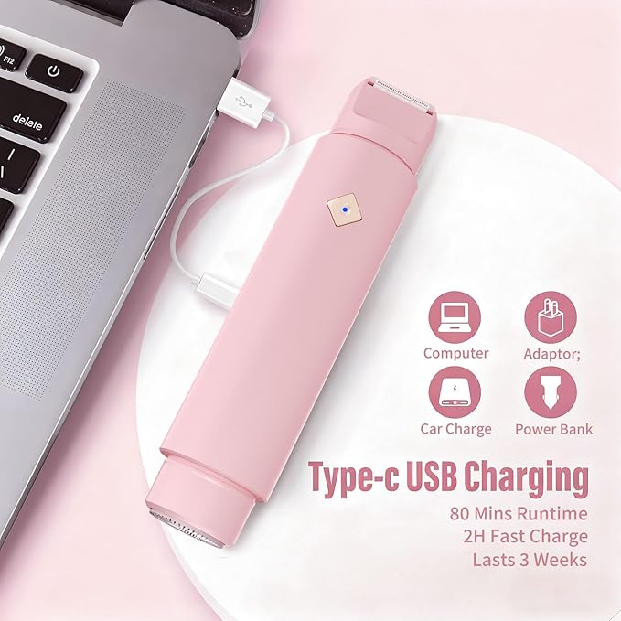 2 in 1 Bikini Trimmer for Women, Painless Waterproof Electric Razors for Women, Dual Head Travel Electric Shaver for Facial Legs Armpits Body Hair Remover, Rechargeable Pubic Hair Trimmer, Pink