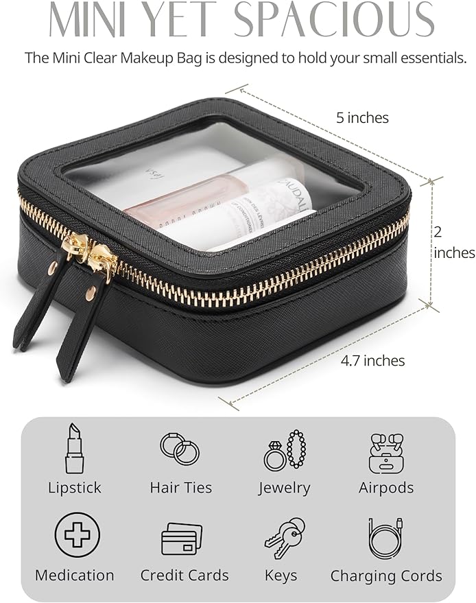 Mini Clear Black Makeup Bag - Cute Square Cosmetic Pouch for Travel with Zipper - For Women & Girls