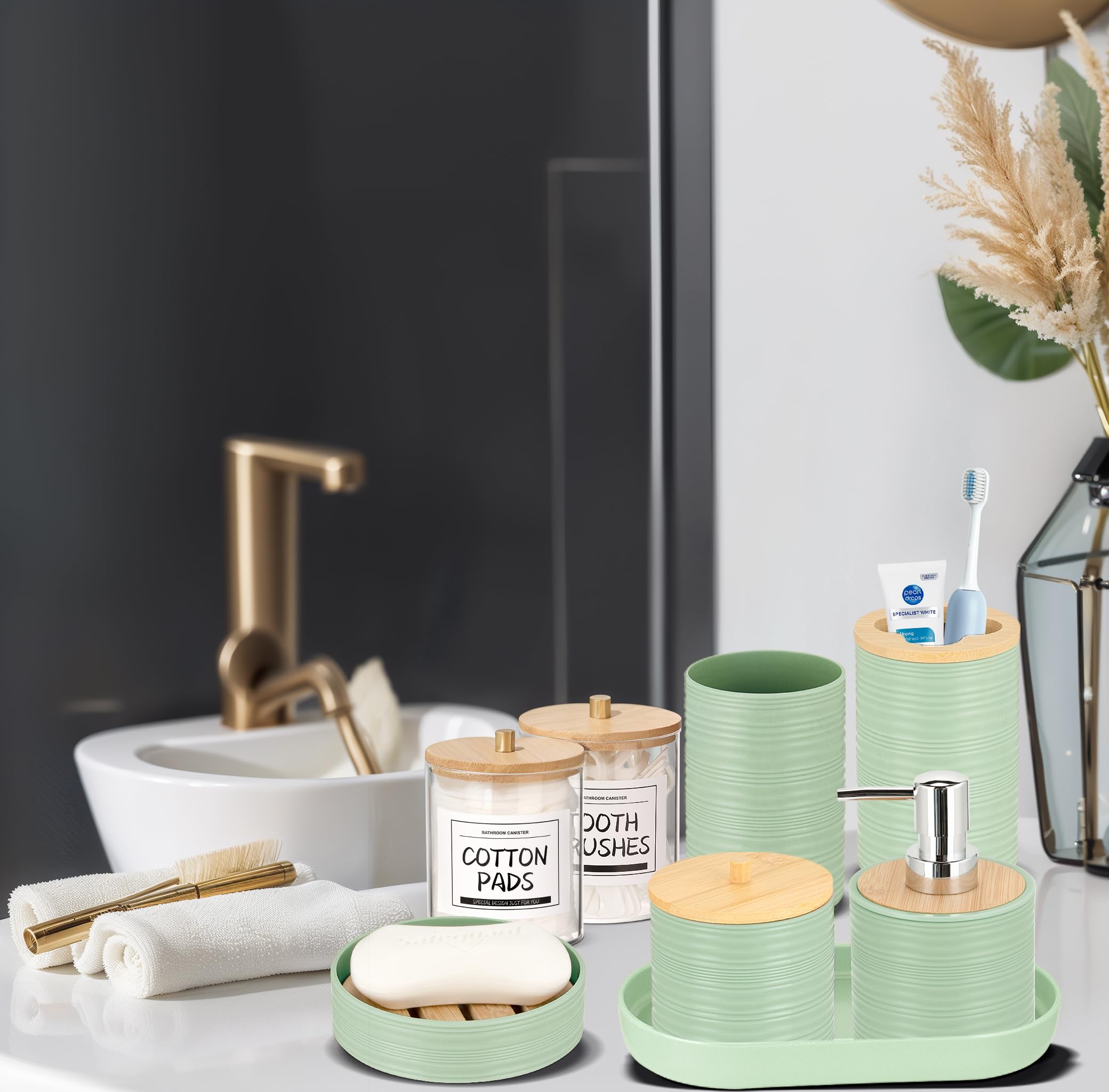 IMAVO Bathroom Accessory Set-11Pcs Green Bathroom Accessories Set with Trash Can,Soap Dispenser,Soap Dish,Toothbrush Holder,Toothbrush Cup,Toilet Brush Holder,Qtip Holder Dispenser with Labels