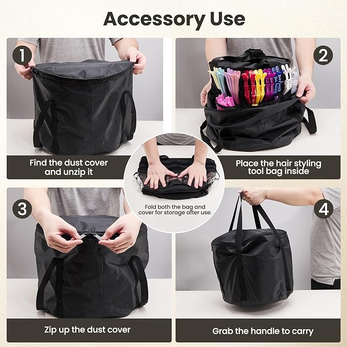 Hairstylist Travel Bag, with Dust Cover, 11L Large Capacity, Heat-Resistant Interior, Iridescent Pockets, 24 Hook-and-loop Slots, Top Drawstring, Makeup & Pet Grooming Supplies Organizer