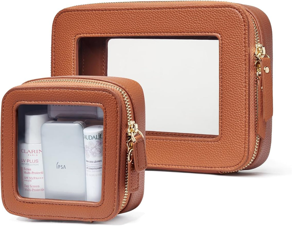 Popvibe Clear Makeup Case Toiletry Bag Travel Medium Clear Cosmetic Bag with Zipper, Make Up Bag Organizer Traveling TSA Approved Transparent Bag Car for Essentials, Mini & Medium, Brown