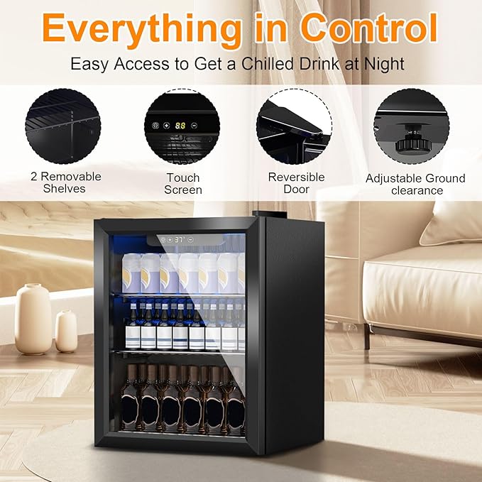 DOGHLY Beverage Refrigerator Cooler, 72 Can Mini Fridge Glass Door for Drinks Soda, Beer, or Wine - Small Refrigerator for Office Bedroom Home Bar, Adjustable Shelves, 1.7 Cu.Ft, Black