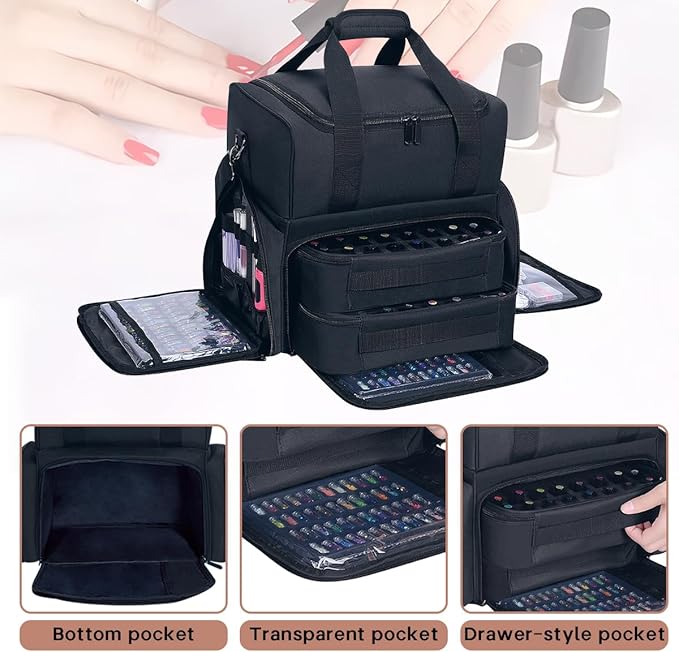 Nail Polish Organizer Case Holds 80 Bottles (15ml - 0.5 fl.oz) and a Nail Lamp,Nail Polish Case with 2 Removable Bags and Tools Storage Sections Black