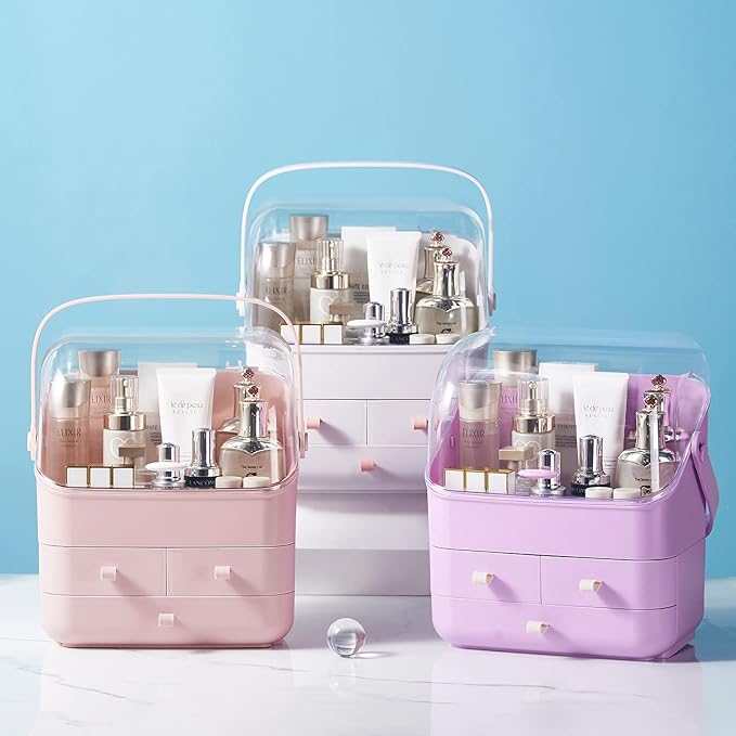 SUNFICON Makeup Organizer Cosmetic Organizer Makeup Storage Holder Box Crystal Clear Lid w Handheld 3 Drawers Dustproof Waterproof for Vanity Bathroom Countertop Birthday