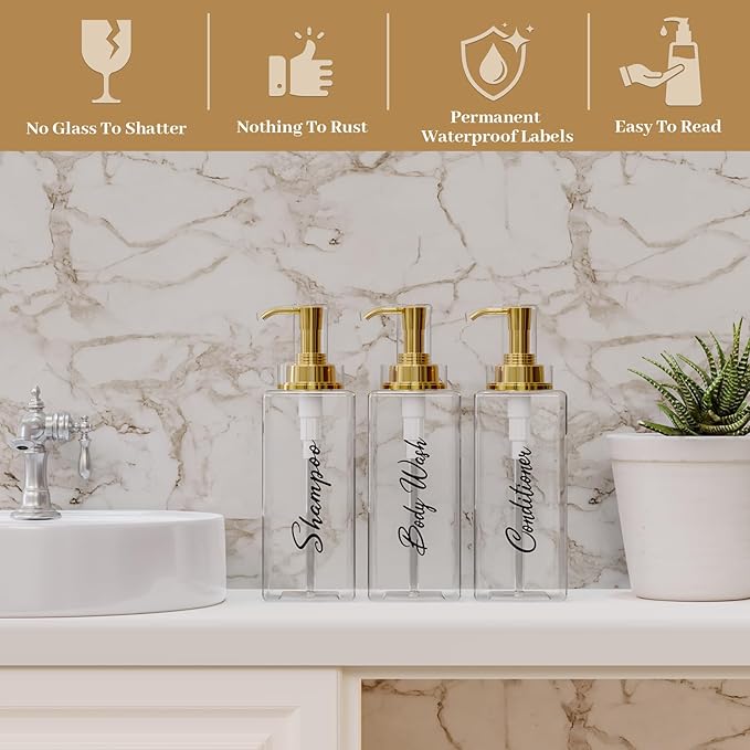 Akalin Shiny Shampoo and Conditioner Dispenser 16oz, Set of 3 Refillable Shampoo and Conditioner Shiny Bottles with Pump, 3 Clear Body Wash Dispenser for Shower, Gold Soap Dispenser Bathroom (Clear)