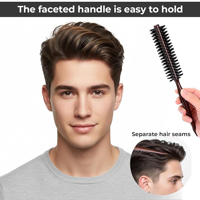 DOPENSPI Boar Bristle Round Hair Brush, Small Round Hair Brush with Wooden Handle Portable Beard Brushes for Men Boar Bristle Brushes for Men & Women