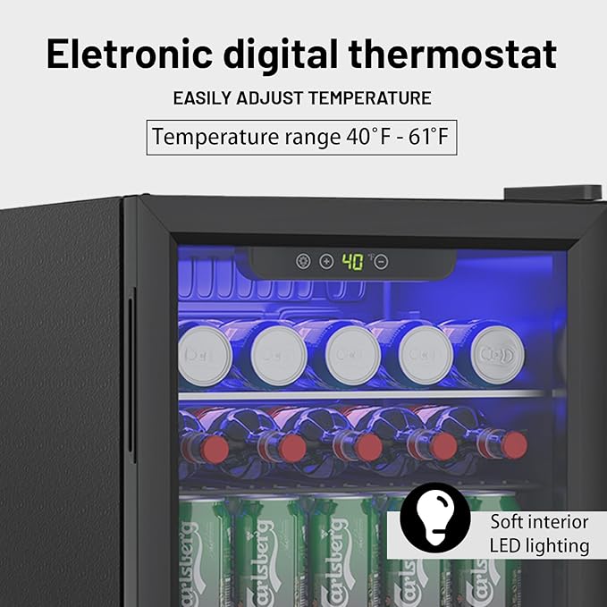 DOGHLY 2.6 Cu.ft Beverage Refrigerator Cooler, 95 Can Mini Fridge with Glass Reversible Door, Digital Temperature Display for Soda, Beer or Wine For Office or Bar with Adjustable Removable Shelves