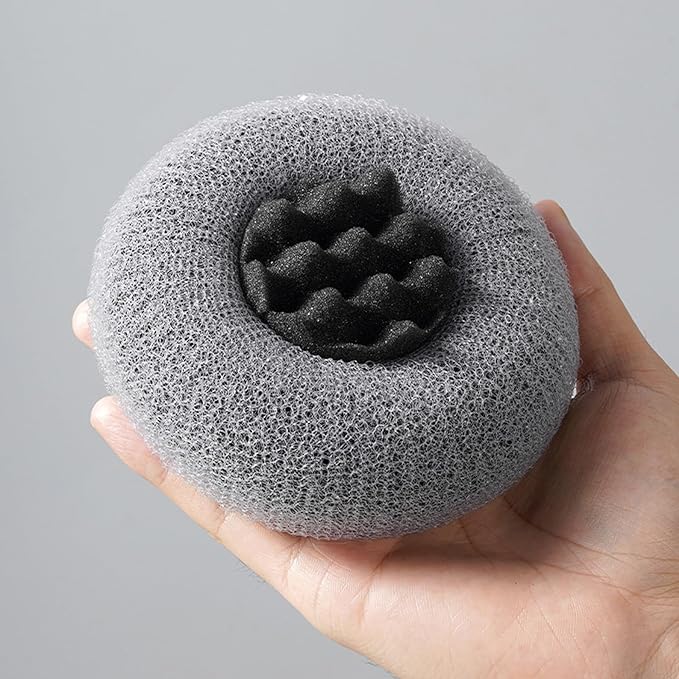 2Pcs Bath Sponge Shower Loofah, Exfoliating Body Scrubber, Upgrade Large 2-in-1 Sunflower Bath Ball with Suction Cup Non-Slip Handle, Bath Sponges for Men Women(Grey&Black)