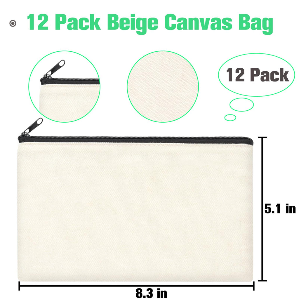 ZeeDix 12-Piece Canvas Pouch Bulk - Beige Blank DIY Craft Bag Zipper Bags Multipurpose Cosmetic Makeup Travel Toiletry Bag for Storage (8.3 x 5 inches)