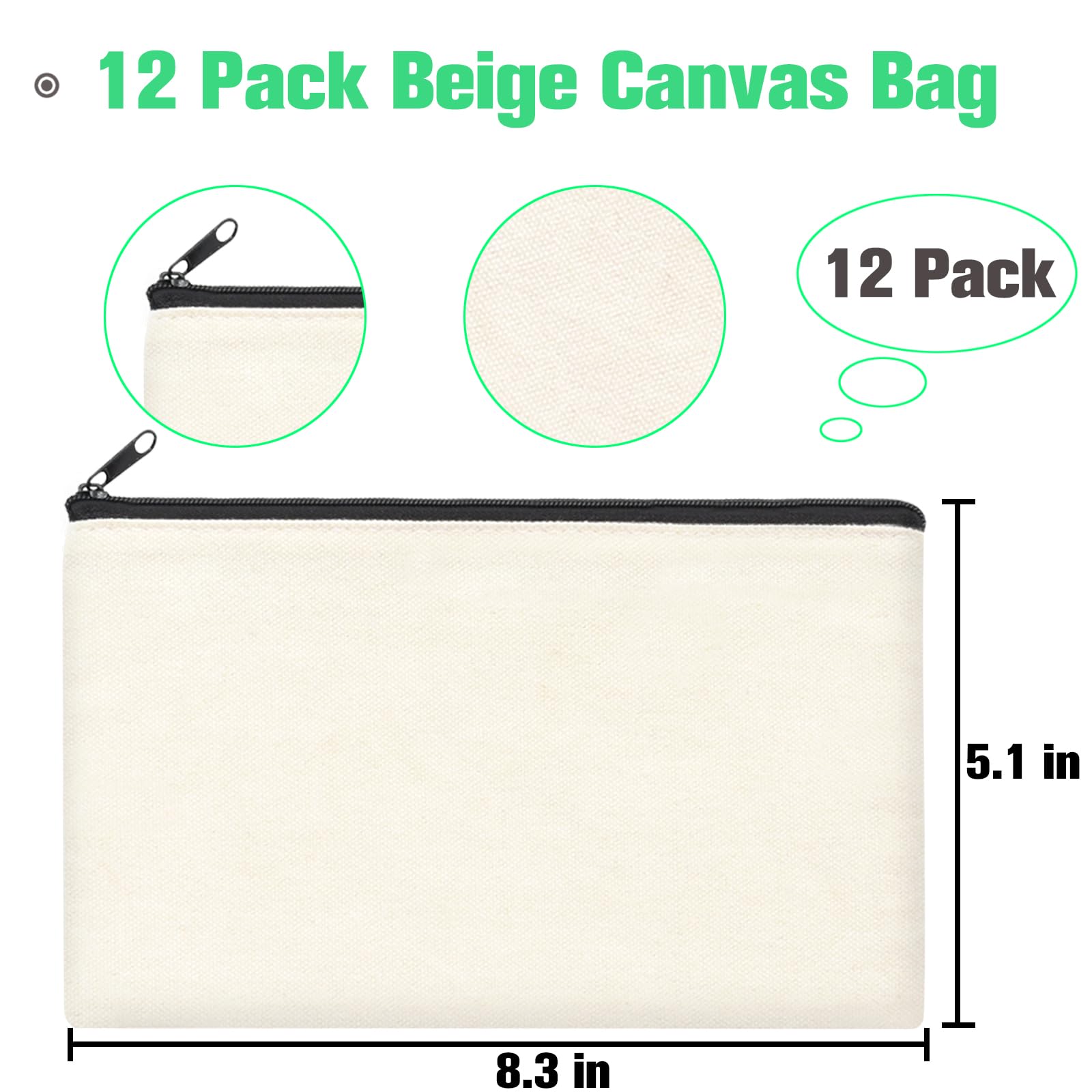 ZeeDix 12-Piece Canvas Pouch Bulk - Beige Blank DIY Craft Bag Zipper Bags Multipurpose Cosmetic Makeup Travel Toiletry Bag for Storage (8.3 x 5 inches)