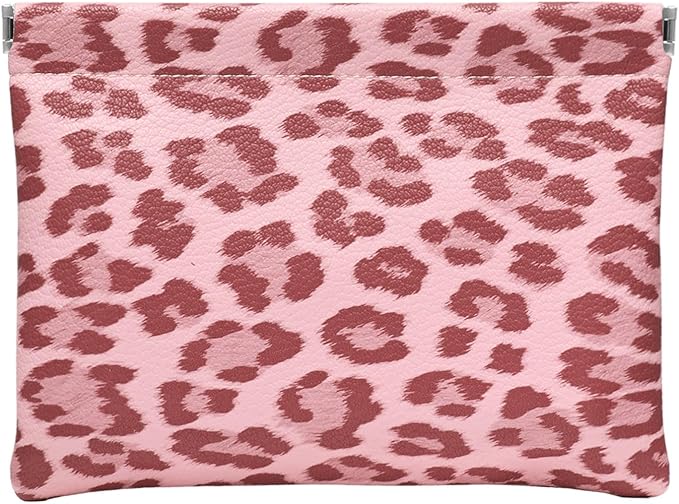 Ksriylm Leopard Leather Small Makeup Pouch for Women,Cosmetic Accessories Organizer,Waterproof and Portable Cosmetic Bag,Self-closing, No Zipper, Aesthetic Storage Pouch,Lipstick for Purse,Pink