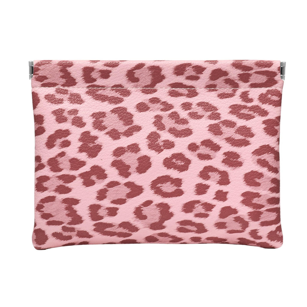 Ksriylm Leopard Leather Small Makeup Pouch for Women,Cosmetic Accessories Organizer,Waterproof and Portable Cosmetic Bag,Self-closing, No Zipper, Aesthetic Storage Pouch,Lipstick for Purse,Pink