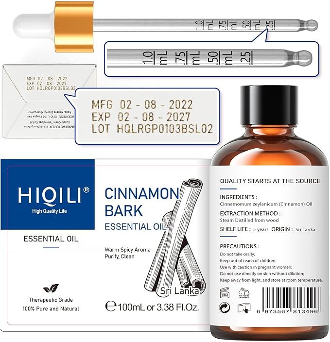 HIQILI Cinnamon Essential Oil for Spray, Skin Care, Diffuser