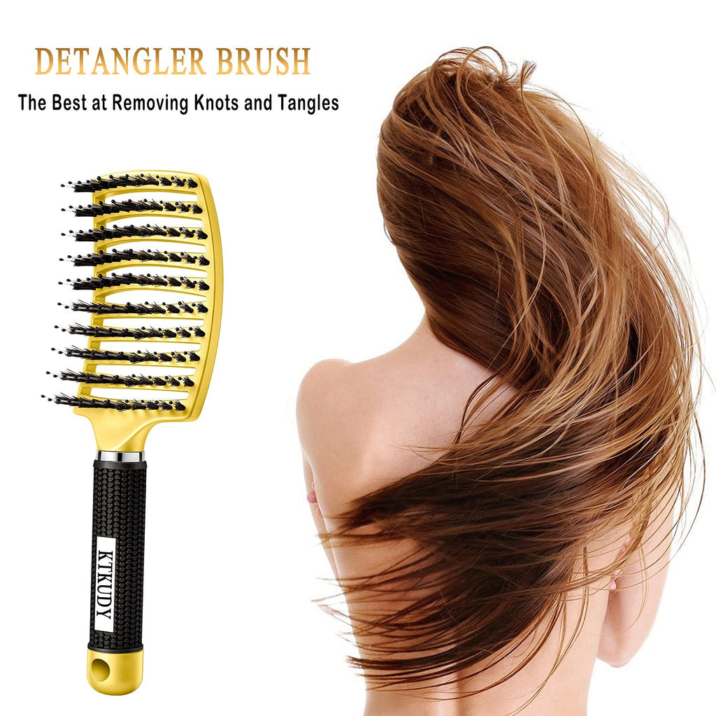 KTKUDY Detangling Brush Getting Knots Out without Pain - Boar Bristles HairBrush Make Hair Shiny & Healthier Vented Detangler Brush for Women Men Kids Wet and Dry Hair (Yellow & Green)