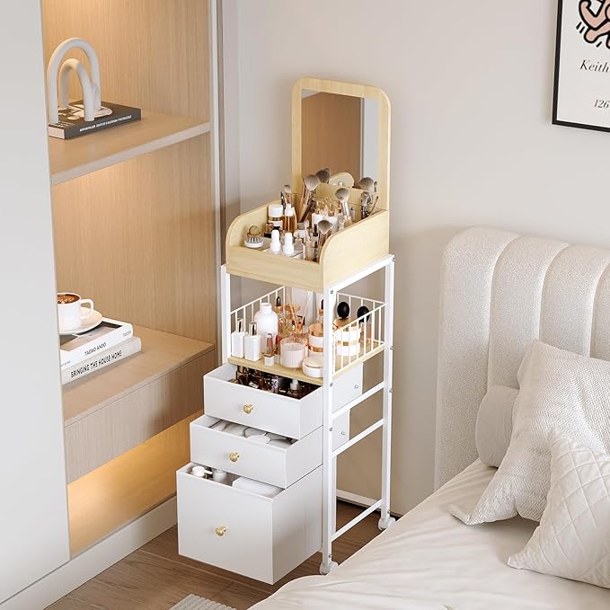Makeup Cart Organizer with Mirror-Floor Makeup Organizer Cart with Drawers