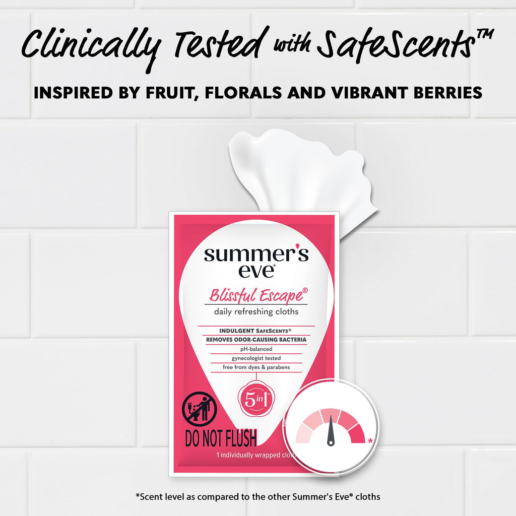 Summer's Eve Blissful Escape Feminine Wipes, Gentle pH-Balanced Formula Helps Control Vaginal Odor, Individually Wrapped Wipes, 12 Count