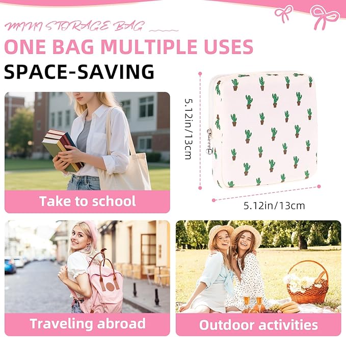 OLLBIT Sanitary Napkin Storage Bag,Period Bag,Portable Period Bag for Teen Pads Sanitary Napkins Small Tampons First Period Gifts for School Hygiene Bags Travel Containers (Cactus)