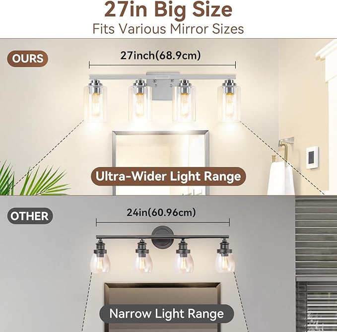 VerRon 4-Light Bathroom Light Fixtures, 27" Brushed Nickel Modern Vanity Lights Over Mirror with Clear Glass Shades, Classic Wall Light Fixture for Mirror Living Room Cabinet Bedroom Porch