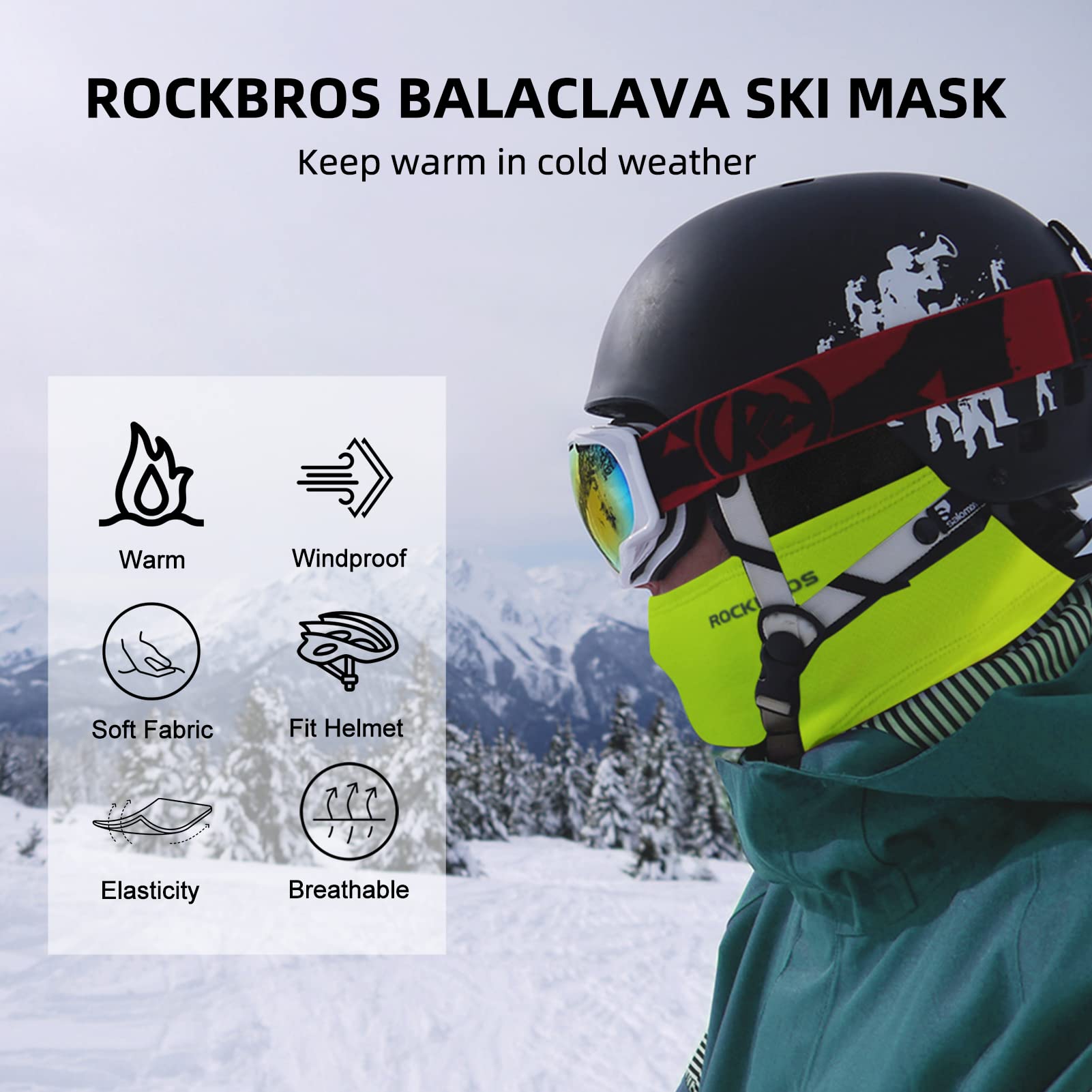 ROCKBROS Cold Weather Balaclava Ski Mask for Men Windproof Thermal Winter Scarf Mask Women Neck Warmer Hood for Cycling Green