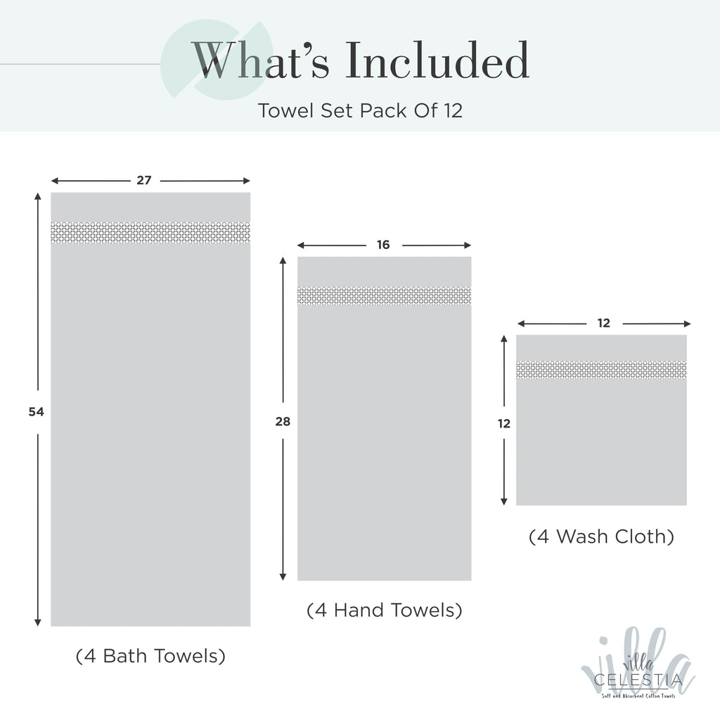 Villa Celestia 12-Piece 100% Cotton Towel Set, 4 Bath Towels, 4 Hand Towels, 4 Wash Cloth, Quick-Dry, Teal