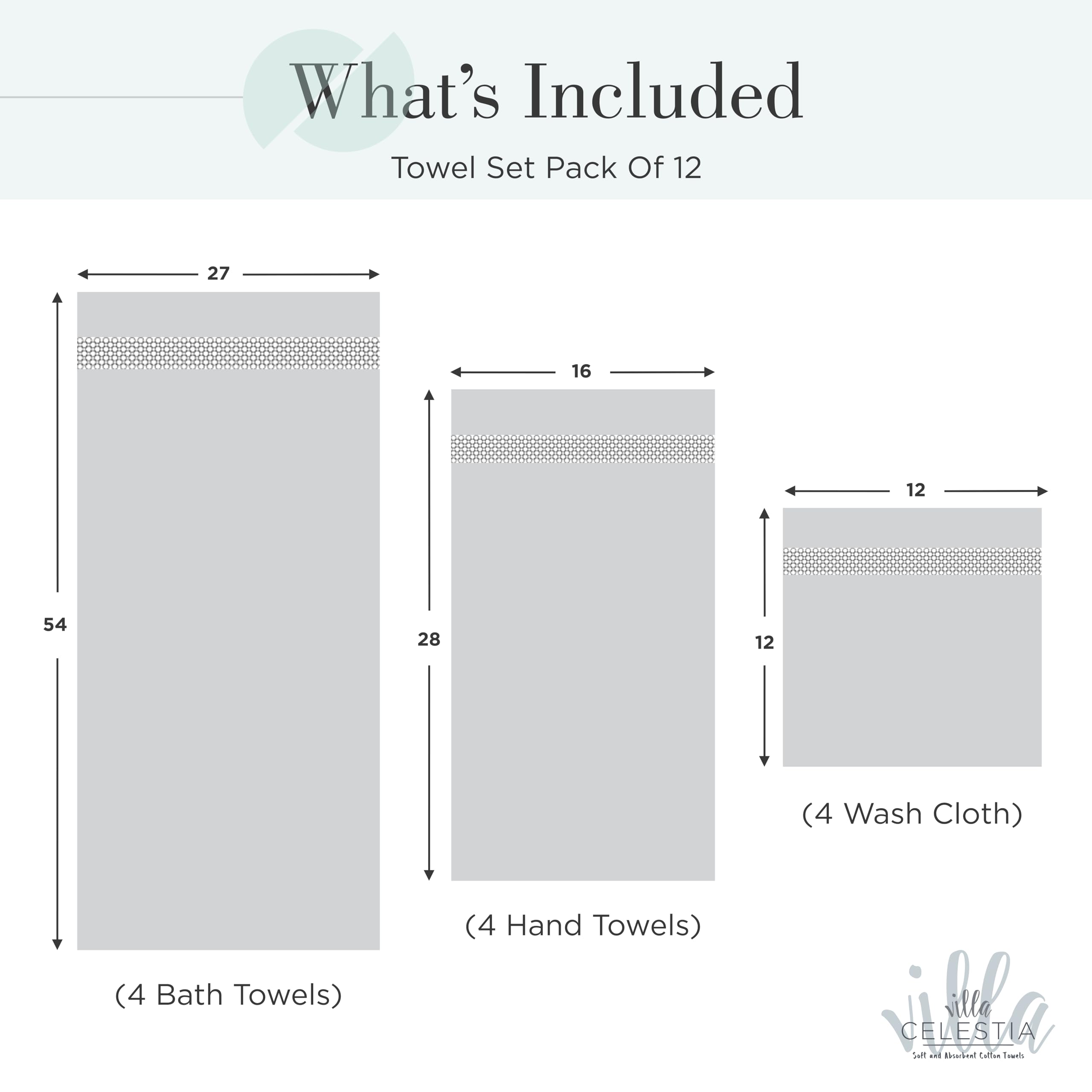 Villa Celestia 12-Piece 100% Cotton Towel Set, 4 Bath Towels, 4 Hand Towels, 4 Wash Cloth, Quick-Dry, Teal