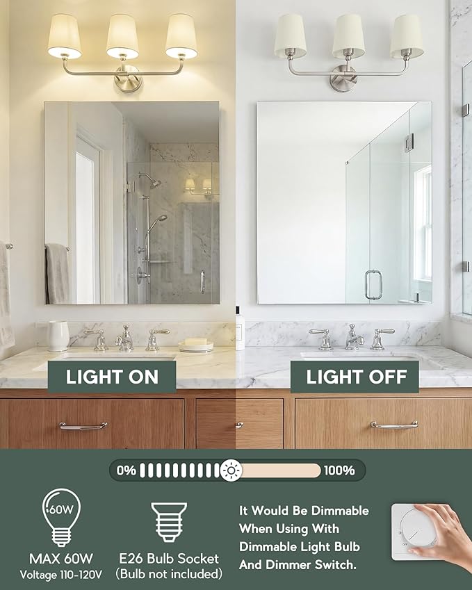 3-Light Bathroom Light Fixtures, Brushed Nickel Vanity Lights with Beige Fabric Shade, Modern Sconces Wall Lighting for Hallway Bedroom, Upward Lighting, VL837-BN-B-3