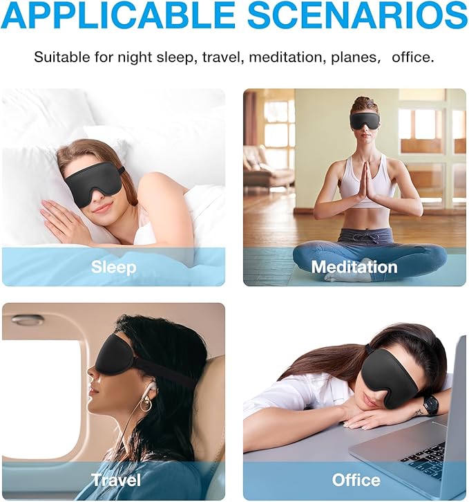 LYSIAN 3D Sleep Mask for Side Sleepers, Blackout Eye Mask with No Pressure on Eyes, Adjustable Comfortable Blindfold with 5 Pairs of Ear Plugs for Sleeping, Travel, Nap, Black
