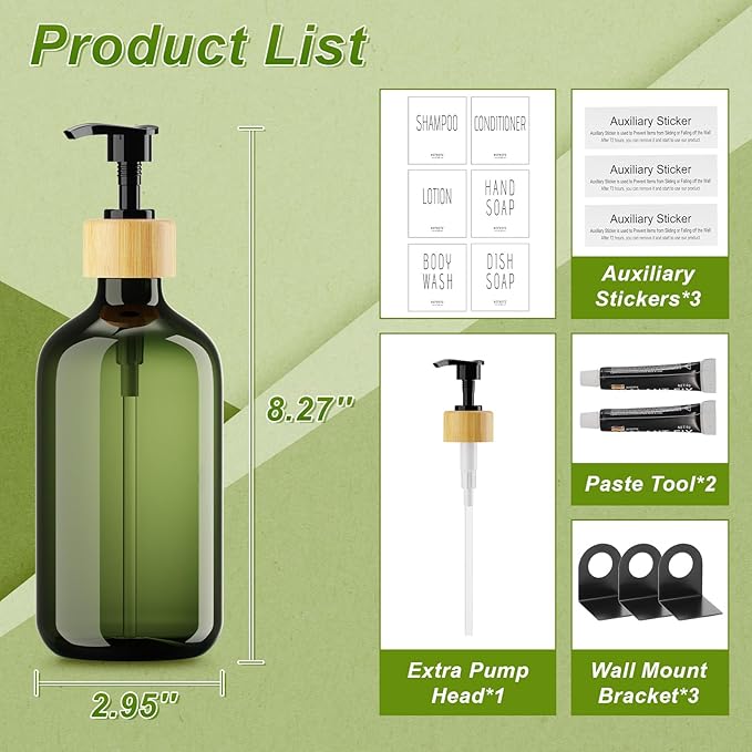 VITVITI Shampoo and Conditioner Dispenser, Body Wash Shower Soap Dispenser Wall Mounted 3 Chamber, Drill Free 17oz Plastic Shower Bottles for Bathroom, Dark Green 3 Sets