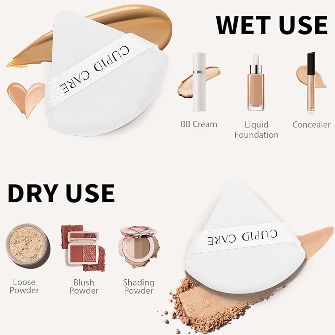 CUPID CARE 6 Pcs Triangle Powder Puff with 2 Travel Cases, Setting Powder Puffs for Face Powder and Foundation, Velour Makeup Puff for Loose Powder Body Powder, Skin-Friendly, Beauty Makeup Tools