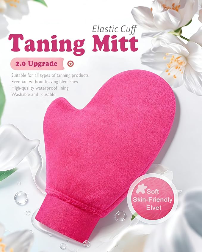 2 in 1 Professional Self Tanning Mitt Kit - Luxury Self Tanner Mitt, Self Tan Mitt And Brush Tanning Glove Kabuki Body Brush For Streak-Free Lotion, Sunless Spray Tan On Face And Body Rose Pink
