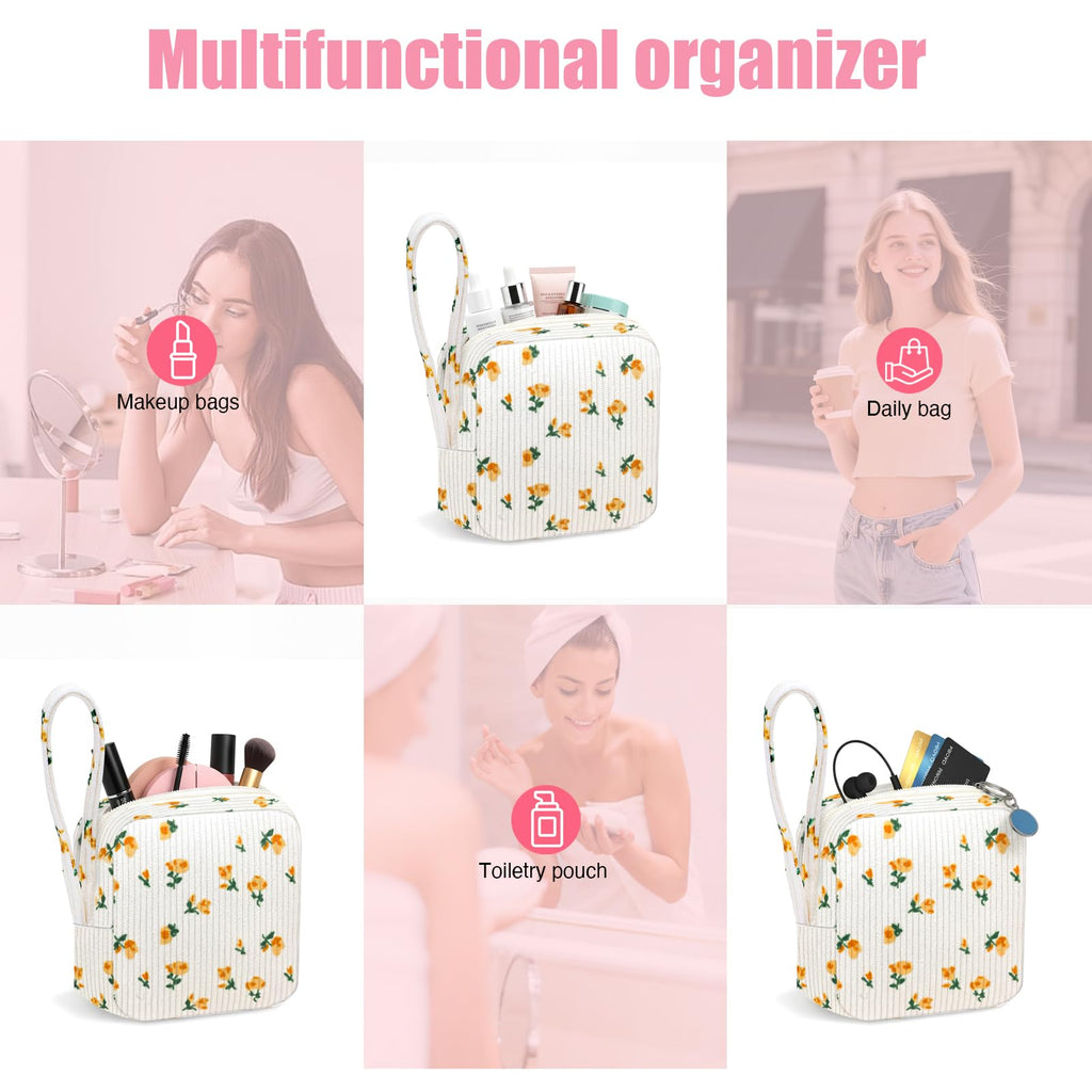 Chicarries Small Makeup Bag | Discreet Period Bag Pad Pouch for Purse| Sanitary Napkin Storage & Tampon Holder for Travel (Flower yellow)